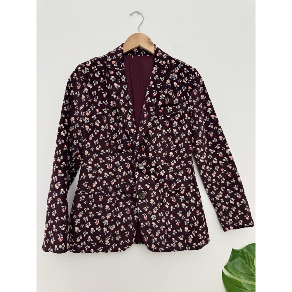 Rebecca Taylor La Vie Floral Print Velvet Cherise Blazer Burgundy Women Sz S
